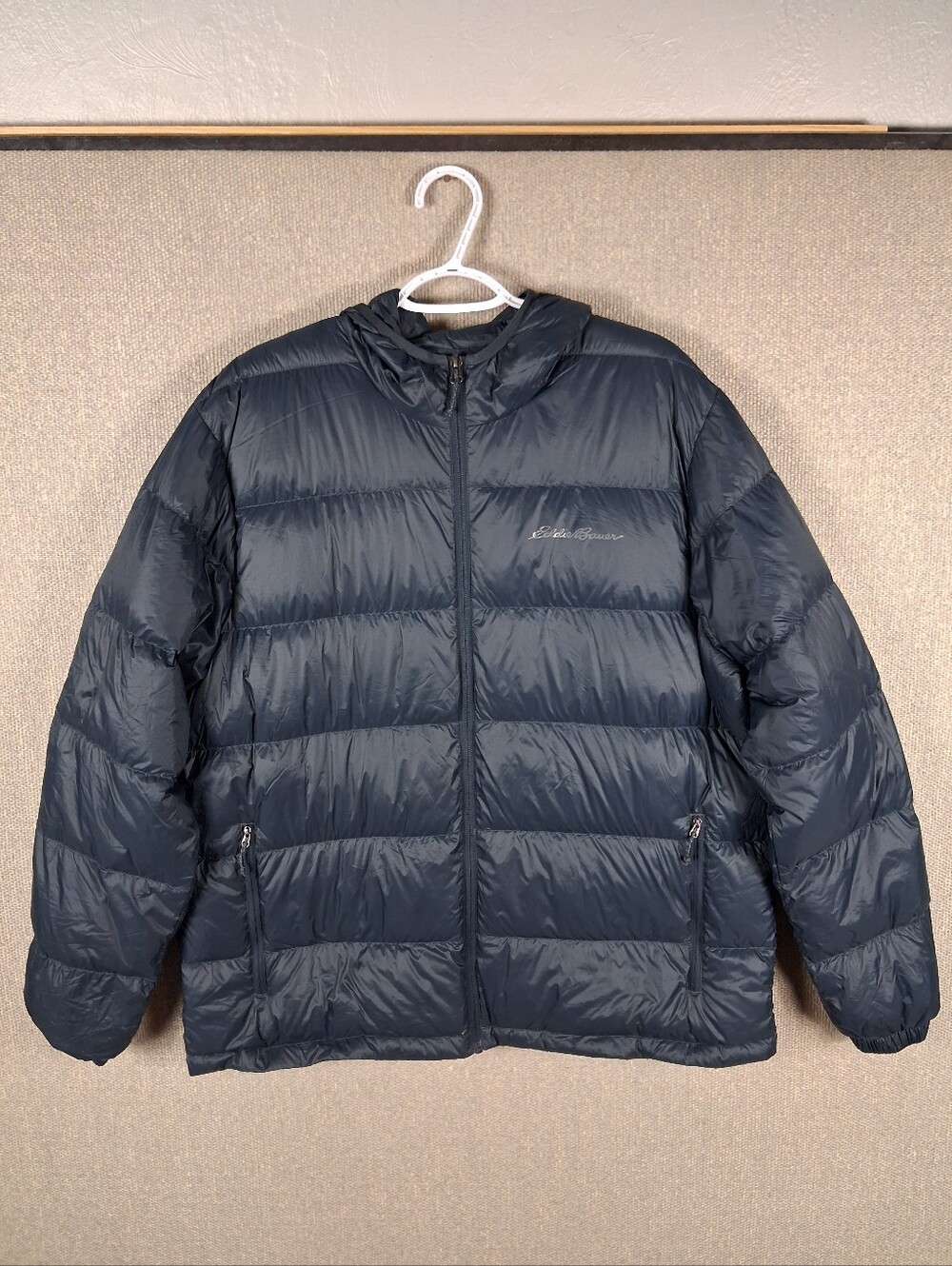 Eddie Bauer Wide Channel Hooded Down Jacket Mens XL Navy Blue Packable 650 Fill